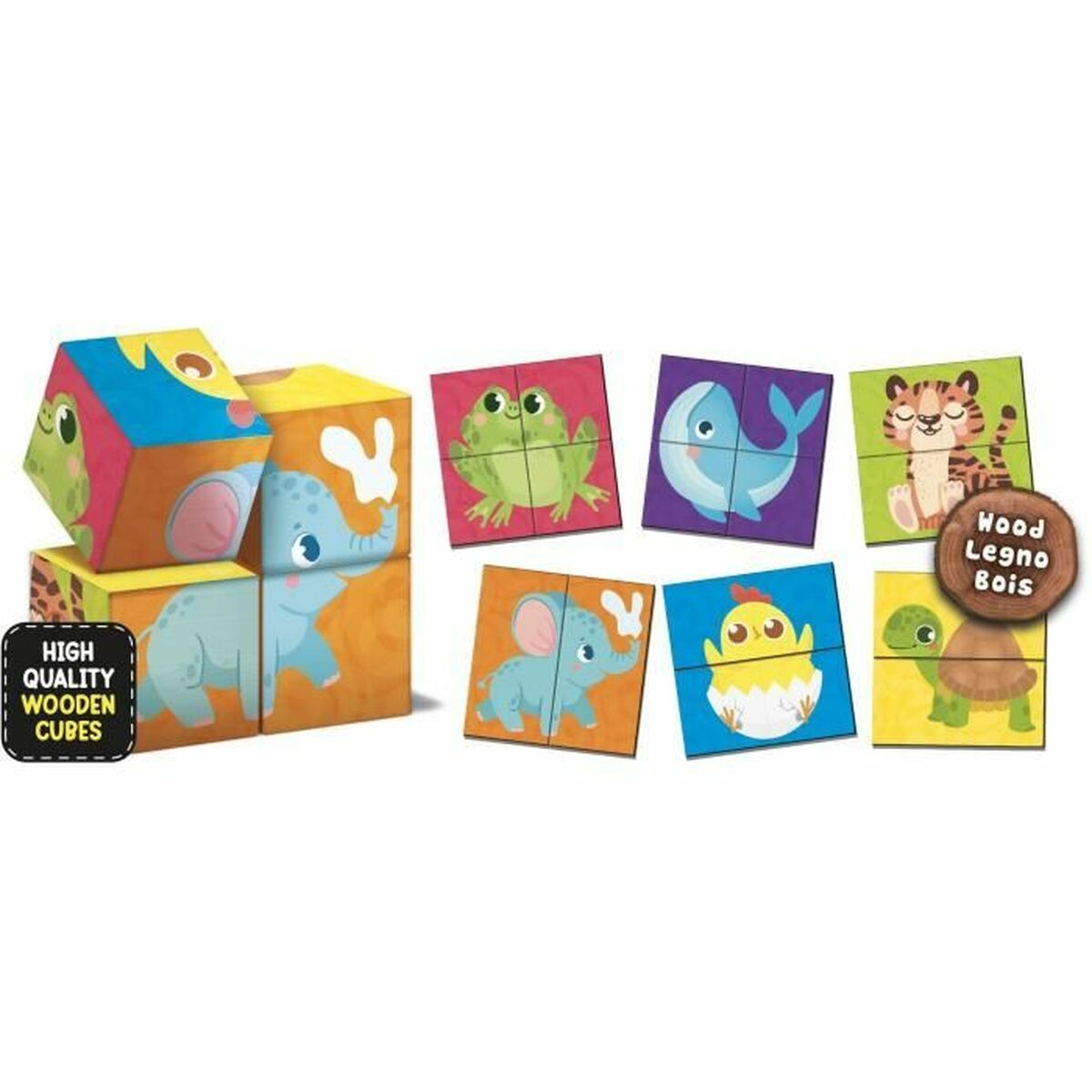 Holzwürfel mit Tier-Puzzles: Elefant, Frosch, Wal, Tiger, Küken, Schildkröte.
