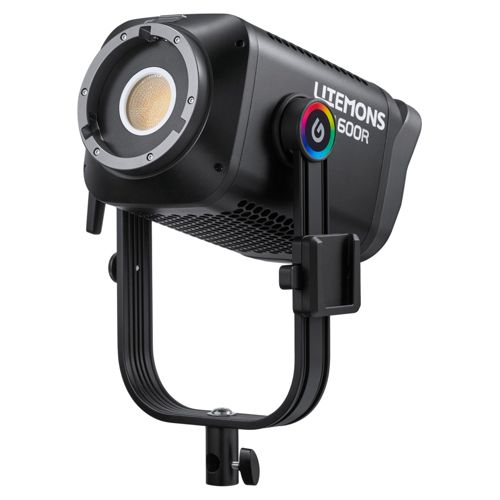 Schwarzer Litemons 600R LED-Scheinwerfer mit silbernem Ring und Farb-RGB-Logo.