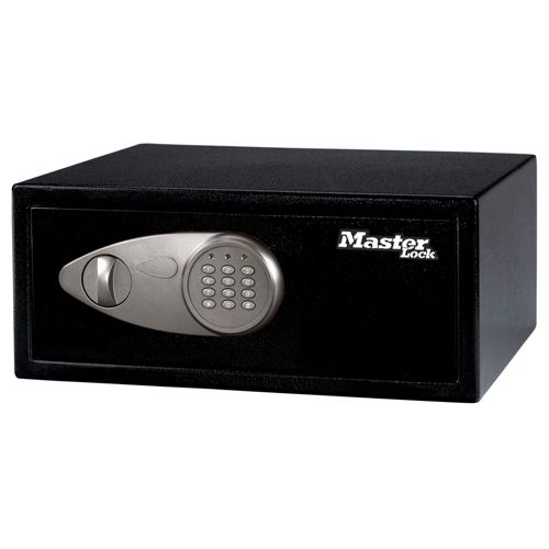 Una cassaforte nera Master Lock con tastierino digitale e manopola girevole a sinistra.