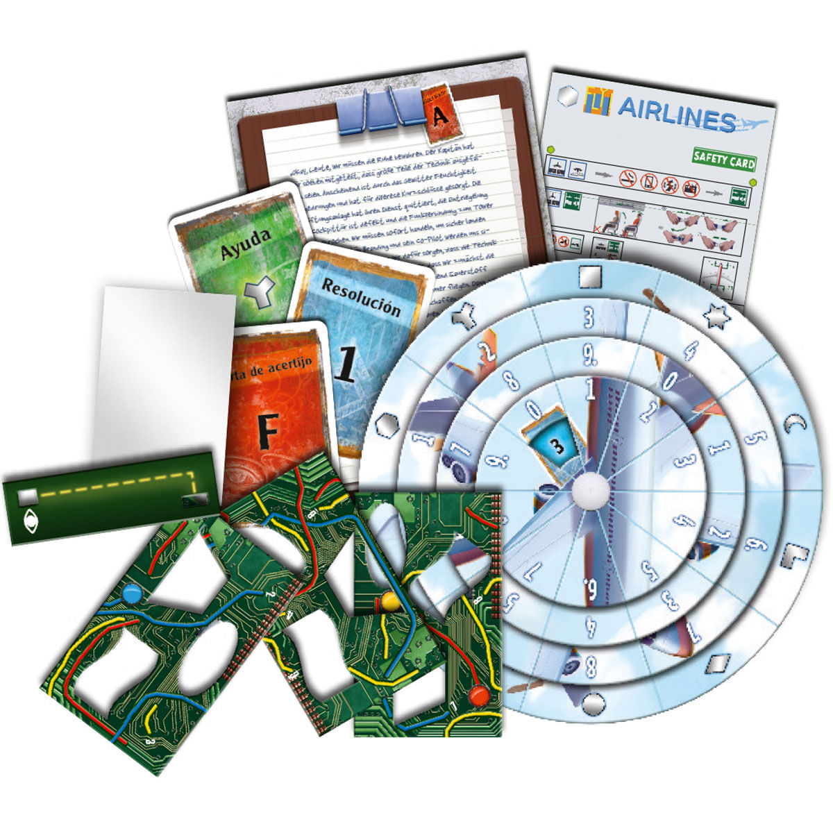 Un tablero de juego con cartas, dados y símbolos de aerolínea.