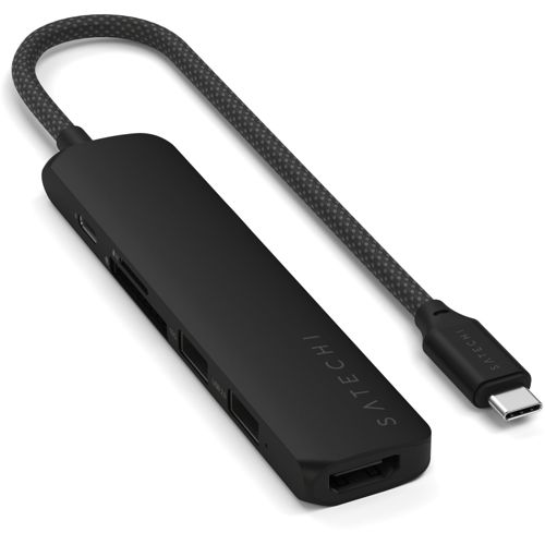 Schwarzer USB-C-Hub mit mehreren Anschlüssen und gewickeltem Kabel.