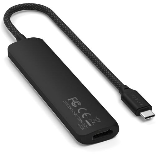 Schwarzer Satechi USB-C Adapter mit HDMI- und USB-C-Anschlüssen, geflochtenem Kabel.