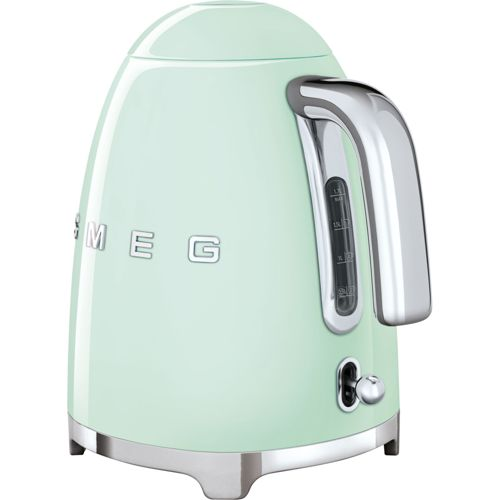 A mint green Smeg kettle with a chrome handle and water level indicator.