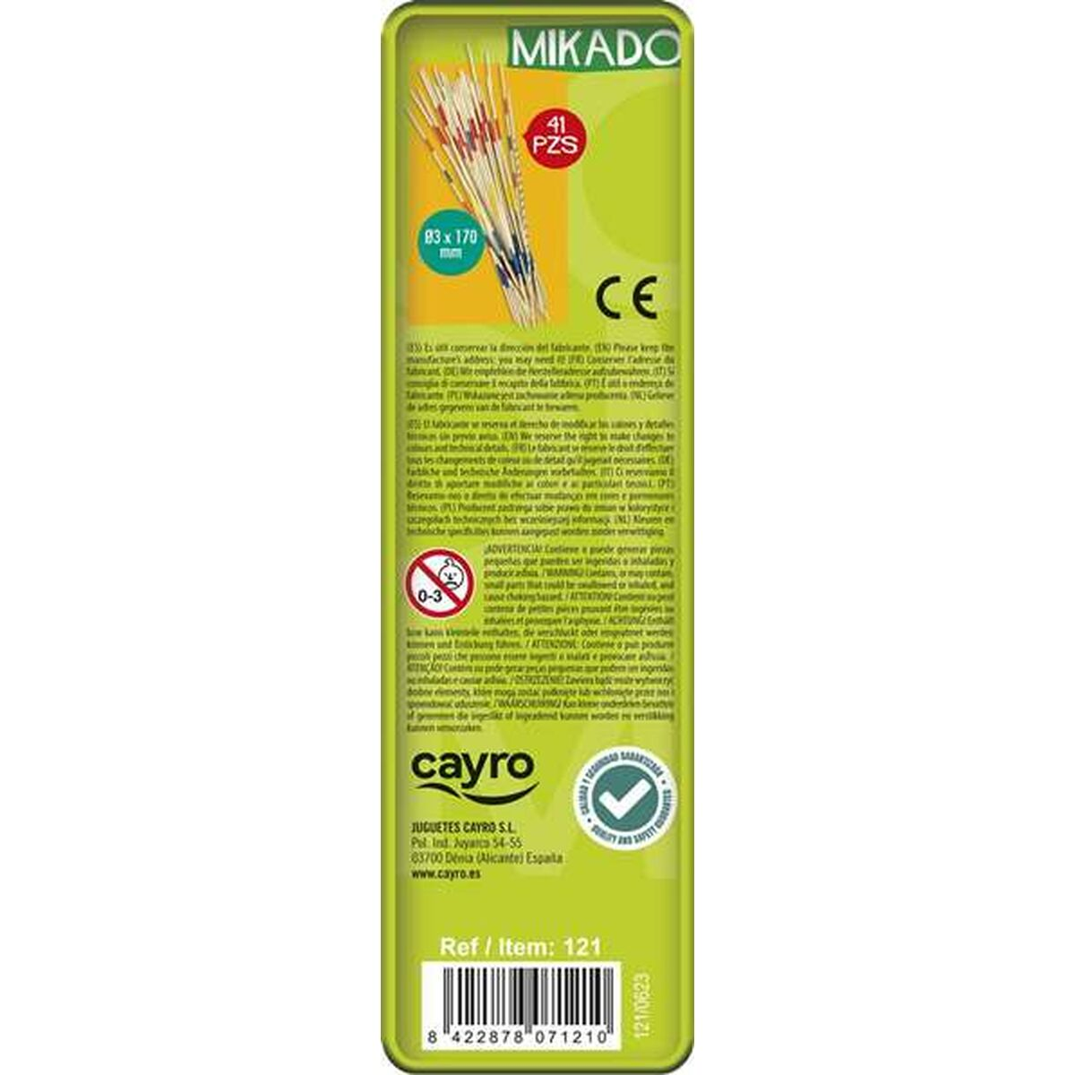 Un paquete de palitos Mikado, 41 piezas, 83x170mm, sobre fondo amarillo.