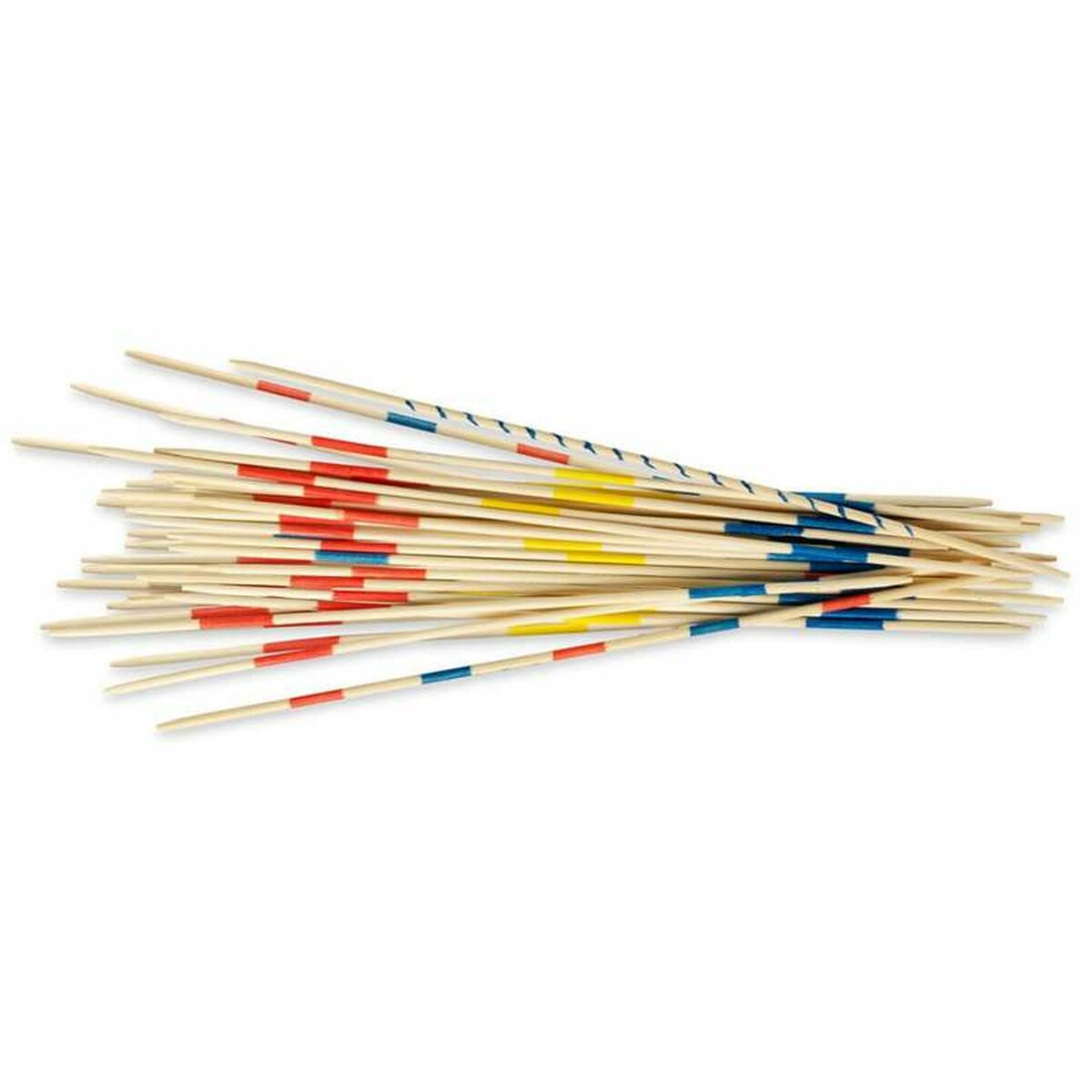 Una pila de palitos de madera con marcas rojas, azules y amarillas sobre fondo blanco.