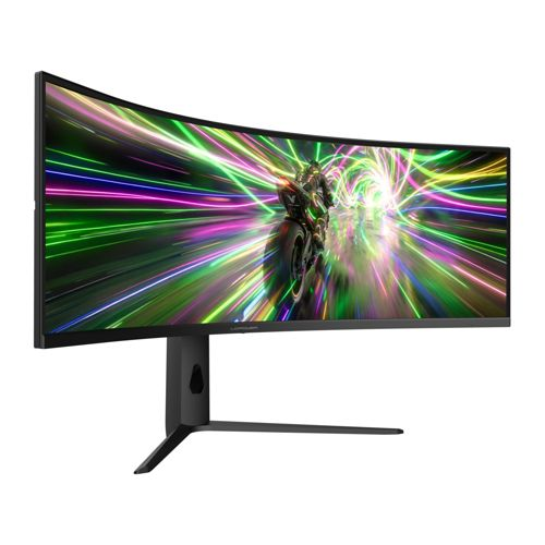 Zakrzywiony monitor gamingowy pokazuje futurystyczny motocykl w tunelu neonowych świateł.