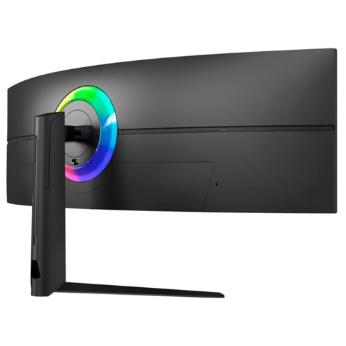 Zakrzywiony czarny monitor z pierścieniem oświetlenia RGB na tylnym stojaku.