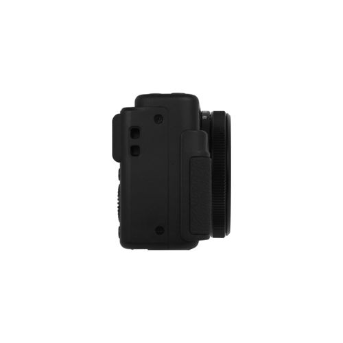 Zwarte camera in profiel, gericht op lens en knoppen.