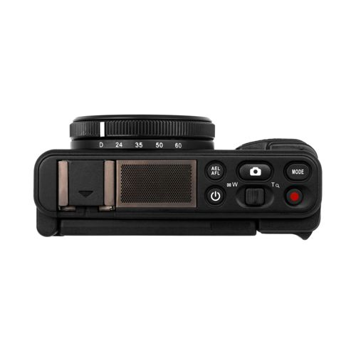 Bovenaanzicht van een zwarte digitale camera met bedieningselementen en zoomring.