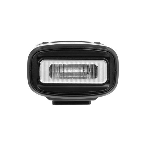 Een zwarte flitser met rechthoekige lens en zichtbare lamellen.