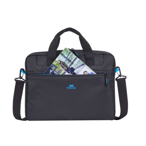 Schwarze Laptoptasche mit blauen Akzenten und einem Magazin vorne.
