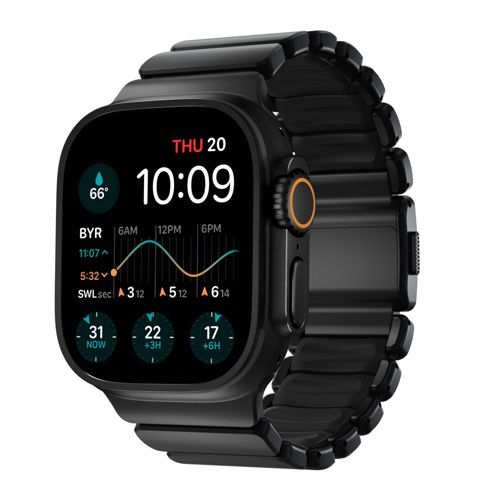 Schwarze Smartwatch zeigt 10:09, 66 Grad und Gezeiten-/Wetterdaten an.