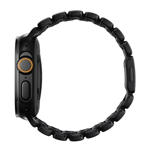 Schwarzes Smartwatch-Armband mit Gliedern und einer Uhr im Profil.