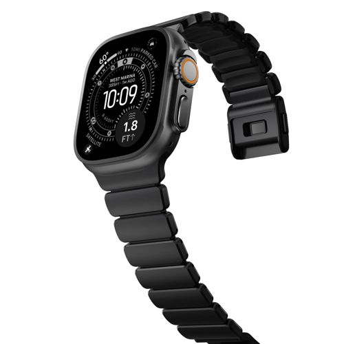 Eine dunkle Smartwatch mit einem schwarzen Gliederarmband und einem Zifferblatt, das 10:09 Uhr anzeigt.