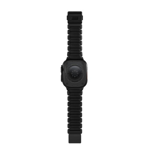 Schwarze Smartwatch mit schwarzem Armband, Rückseite sichtbar.