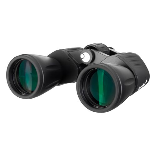 Binocolo nero con lenti verdi mostrato su sfondo bianco.