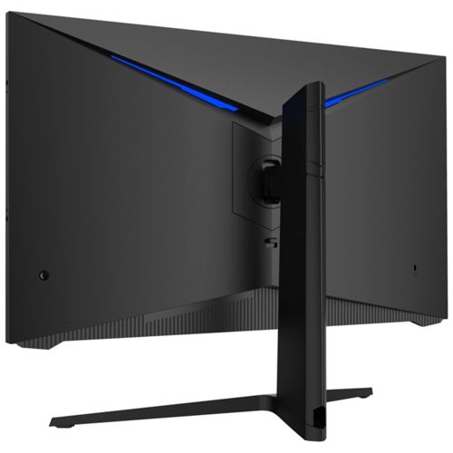 Rückseite eines schwarzen Monitors mit blauem Akzentlicht und schwarzem Standfuß.