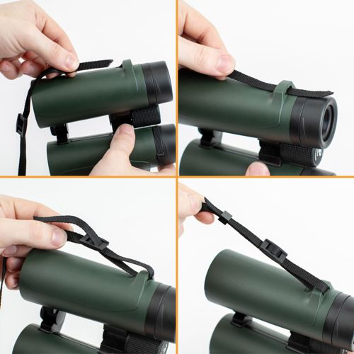 Mani attaccano una cinghia nera a un binocolo verde. Guida passo passo.