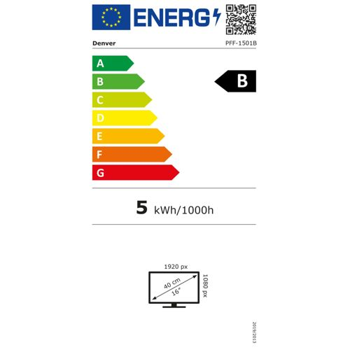 Energie-etiket met A-G schaal, energieklasse B, 5 kWh/1000h.