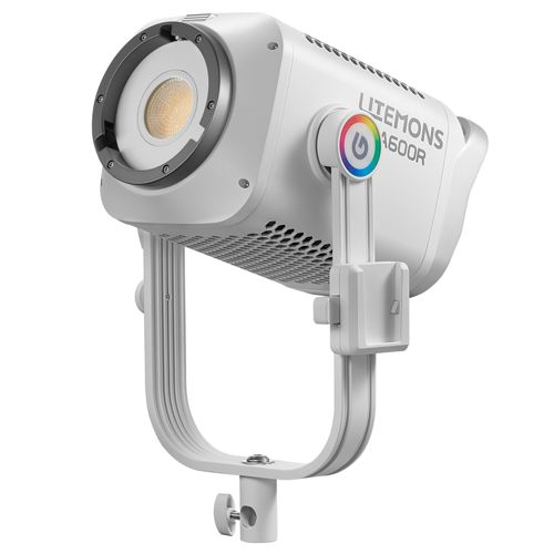 Een wit Litemons A600R licht met U-vormige houder en telefoonhouder.