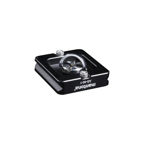 Ein schwarzer Kamerastativ-Schnellwechselplattenadapter mit einem silbernen Ring und Schrauben.