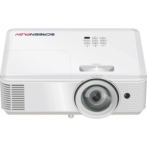 Un proyector blanco con lente frontal, rejillas de ventilación y botones de control.