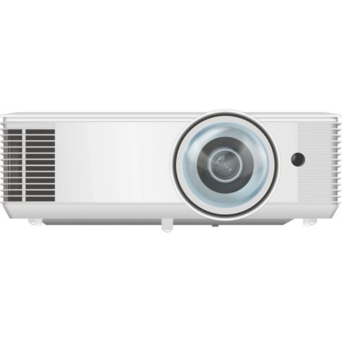Un proyector blanco con una lente grande y rejillas de ventilacin.