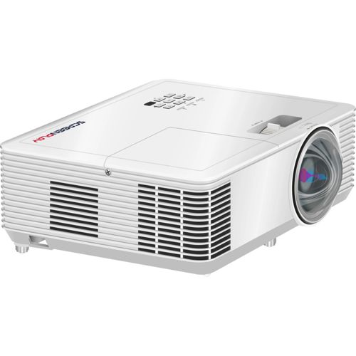 Un proyector blanco con rejillas de ventilación y tapa de lente.