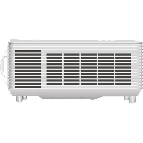 Un proyector blanco con rejillas de ventilación y patas.
