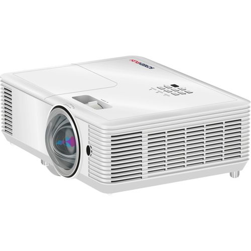 Un proyector blanco con rejillas de ventilación y anillo de enfoque.