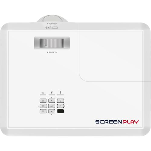 Un proyector blanco con controles de enfoque y zoom arriba y panel de control abajo.