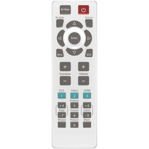 Un dispositivo de control remoto blanco con numerosos botones.