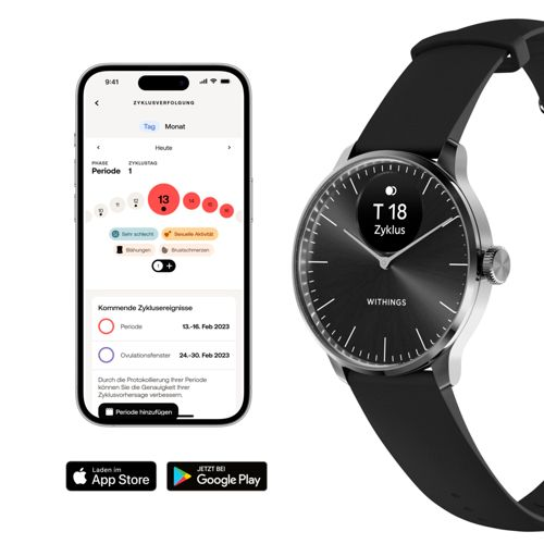 Ein Smartphone zeigt Zyklusdaten. Daneben eine schwarze Armbanduhr.