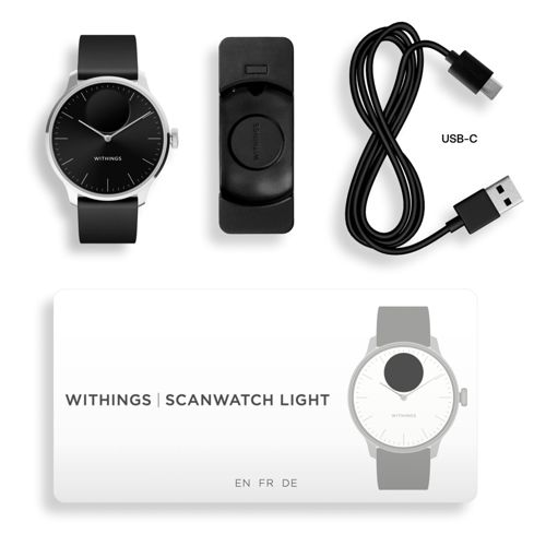 Eine Uhr, ein Ladekabel und ein Ladehalter auf weißem Grund.