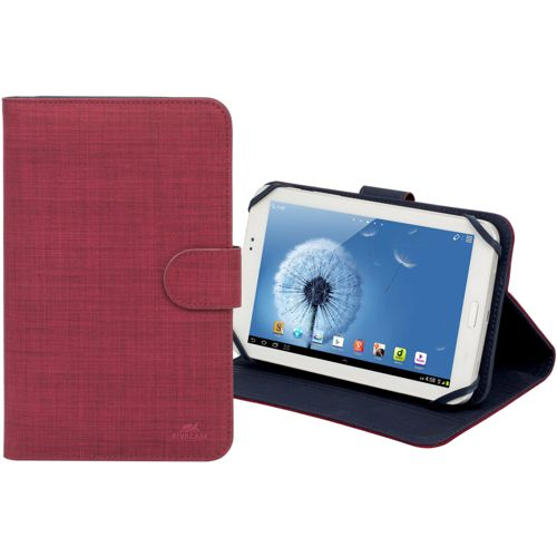 Eine rote Tablethülle ist geöffnet und zeigt ein Tablet mit einem Pusteblumen-Hintergrundbild. Die Hülle ist links.