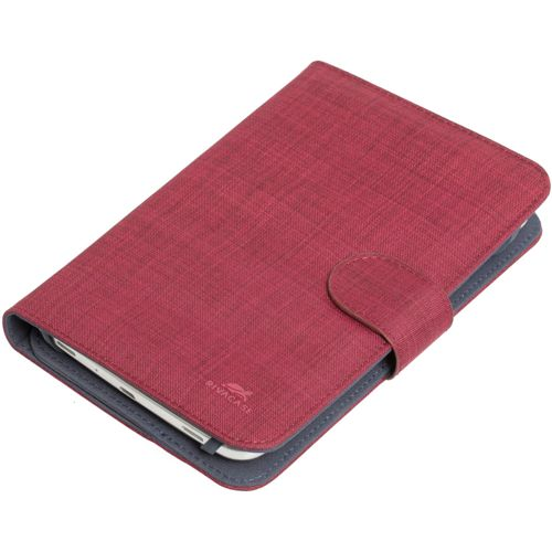 Rote Stoffhülle mit Druckknopfverschluss für ein Tablet.