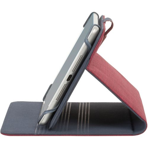 Ein Tablet in einem roten und grauen Ständer auf weißem Hintergrund.