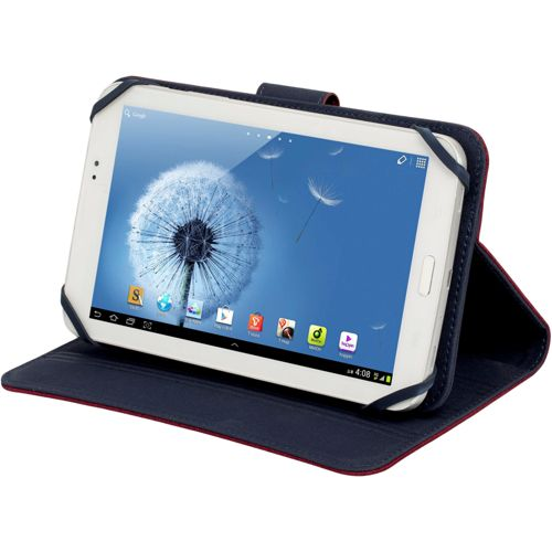 Ein weißes Tablet in dunkelblauem Etui mit Löwenzahn-Hintergrund wird angezeigt.
