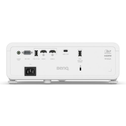 Vue arrière d'un projecteur BenQ blanc avec ports : Sortie audio, RS-232, USB-A, HDMI 1, HDMI 2, USB-C, Dongle sans fil et entrée d'alimentation.