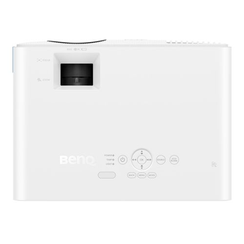 Un projecteur BenQ blanc avec une bague de mise au point et des boutons de commande sur la surface supérieure.