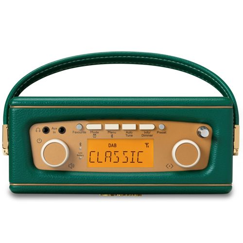 Une radio DAB portable verte avec des accents dorés et un écran.