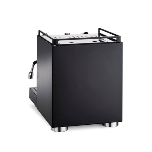 Macchina da espresso nera con piano in metallo e lancia vapore.