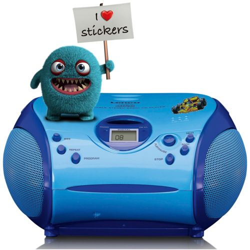 Ein blauer Monster-CD-Player mit einem Schild, auf dem steht: Ich liebe Aufkleber.