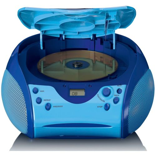 Ein blauer CD-Player mit offenem Deckel und sichtbarer CD.