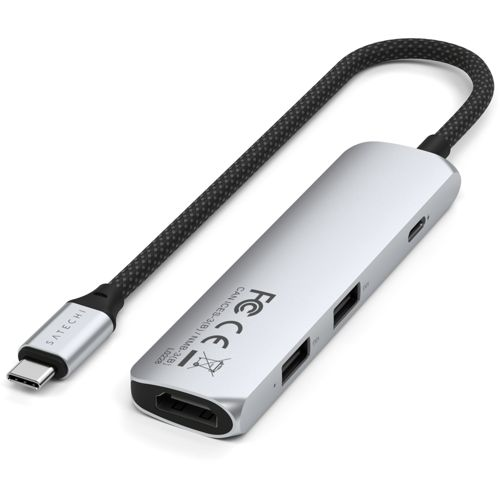Ein silberner USB-C-Hub mit HDMI-, USB-A-Anschlüssen und einem geflochtenen Kabel.