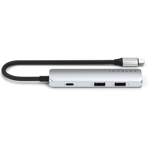 Silberne USB-C-Hub mit zwei USB-A-Anschlüssen, einem USB-C-Anschluss und geflochtenem Kabel.