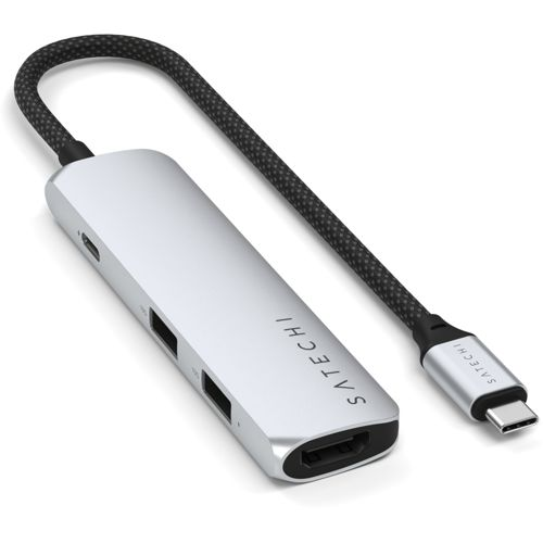 Silberner USB-C Hub mit HDMI-, USB-A- und USB-C-Anschlüssen.