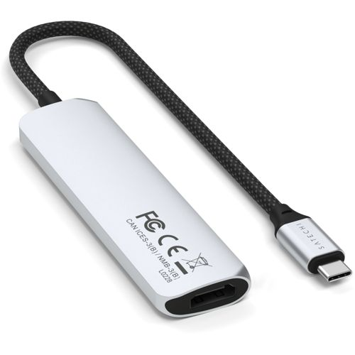 Ein silberner USB-C-zu-HDMI-Adapter mit einem geflochtenen schwarzen Kabel und USB-C-Anschluss.