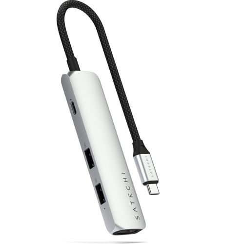 Silberner USB-C-Hub mit USB-A-Anschlüssen, HDMI und Ladekabel.
