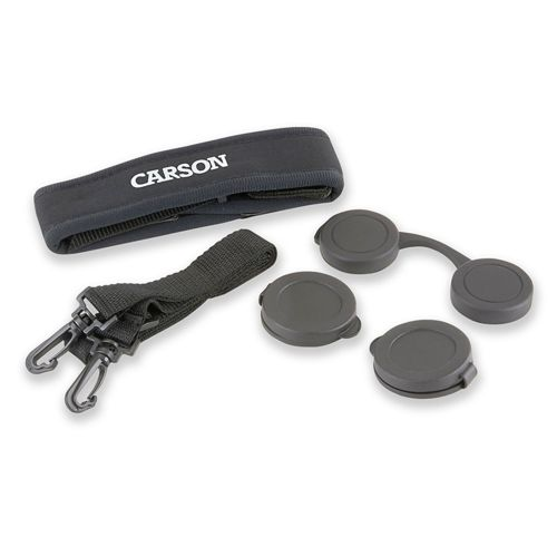 Cinghia Carson nera con ganci e tre copriobiettivi.